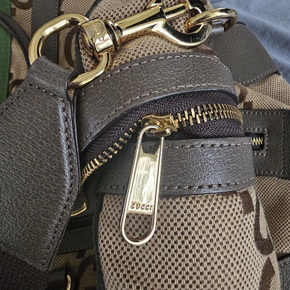 Gucci Monogram Jumbo GG Textured Dollar Calfskin Web Large Duffle  Camel Ebony - Picture 11 of 13